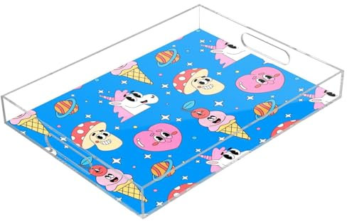 Peach and White Unicorns Acrylic Serving Trays with Handles Clear Trays 16 x 12 Clear Trays for Serving Food Waterproof
