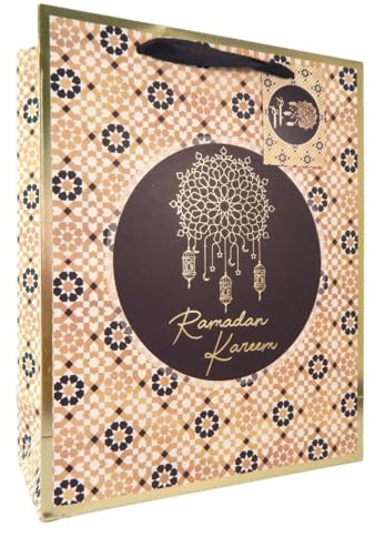 Peacock Supplies Ramadan Kareem Gift Bag - Black & Gold | 31 cm x 25 cm x 10 cm | Empty Favour Bags To Fill With Treats | Elevate Present Giving | Swing Gift Tag | Made From Luxury, Strong 350gsm Card