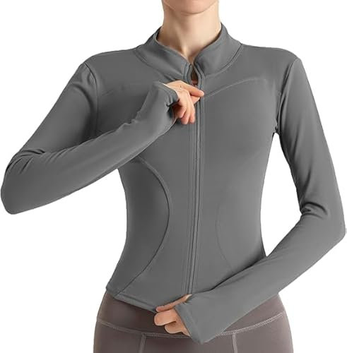Dresmannst Trainingsjacke Damen, Sportshirt mit Daumenloch Langarm Gym Crop Top, Fitness Yoga Oberteile eng, Sportjacke mit Langer Reißverschluss, Leicht Laufjacke Grau, XXL