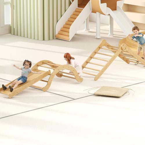 Youyijia 4-in-1 Wooden Climbing Frame for Kids, Montessori Climbing Set, Indoor Gym Set with Triangle Climber, Arch Bridge, Climbing Net & Short Mat – Toddler Play Equipment 3-6 Age