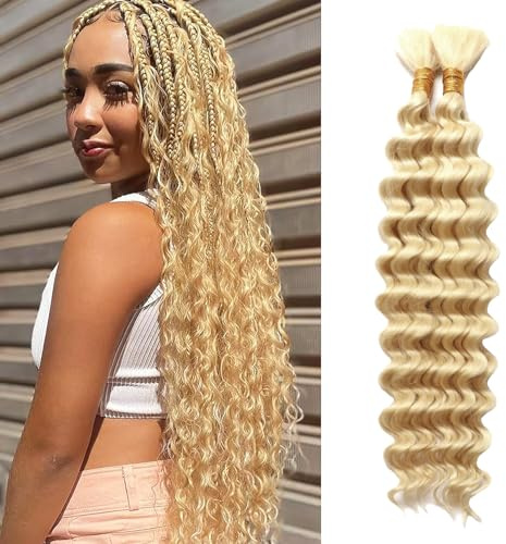Human Braiding Hair for Boho Braids,100g Deep Wave (613#, 20 Inch) | No Weft,2Bundles Wet and Wavy Curly Boho Hair for Braiding,Knotless Braids,Micro Bohemian Braid,Long-lasting,Tangle Free