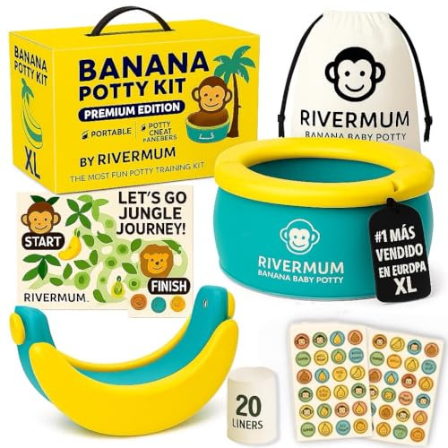 RIVERMUM® Kit urinoir banane Premium XL, urinoir portable pliable pour enfants, idéal pour les voyages ou la maison, comprend 20 sacs, autocollants, pot et sac de transport (nouvelle taille XL vert)