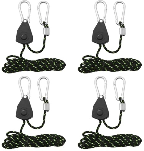4PCS Tent Guy Ropes with Pulley, 4mm Reflective Ratchet Hanger, Adjustable Tent Camping Rope Cord Heavy Duty Tent Guide Grow Light Hangers Adjustable for Awning Camping Hiking