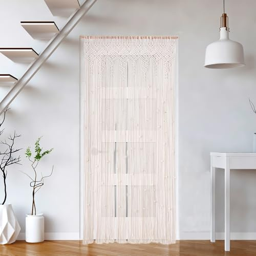 OUGPIU Makramee Boho Vorhang 90x200cm Wandbehang Türvorhang Fenstervorhang,Fadenvorhang Handmade,Baumwolle Gewebte Wandteppich Tapisserie Raumteiler,für Traubogen,Hochzeit,Wohnzimmer,Wand Dekor