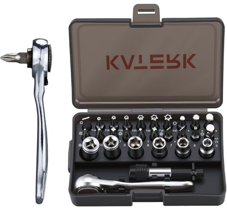 Katerk 28 in 1 Magnetic Screwdriver Set, 90 Degree Offset Ratcheting Wrench,Mini Ratchet Wrench Set, Right Angle Ratcheting Screwdriver Set and Bit with Metric Socket Set for Tight Spaces