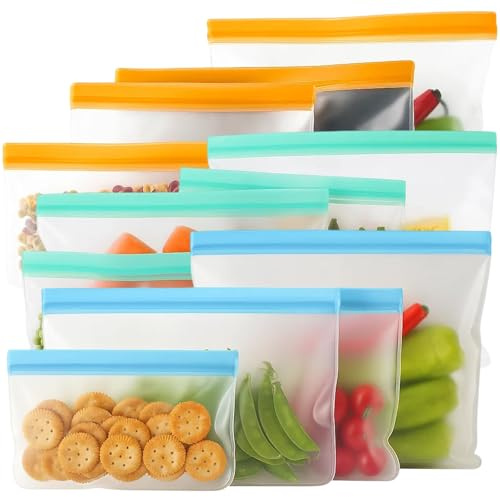 12-Piece Reusable Freezer Bags Set, Thick EVA Reusable Food Bags in 4 Sizes, Colour-Coded Reusable Sandwich Bag Multipack for Kitchen Fridge Organisation