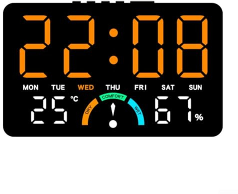 Grande orologio digitale a LED con ora, orologio digitale da parete, umidità, temperatura, data, allarme e indicatori di livello di comfort, progettato per appendere alla parete o installazione piatta