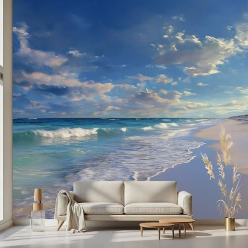 Kioldoq Strand Welle Tapete Selbstklebende Schlafzimmer, Natur Landschaft Fototapete Wohnzimmer, Blau Meer Tapeten Wandtapete Kinderzimmer Wanddeko Motivtapeten 200 x 300 cm