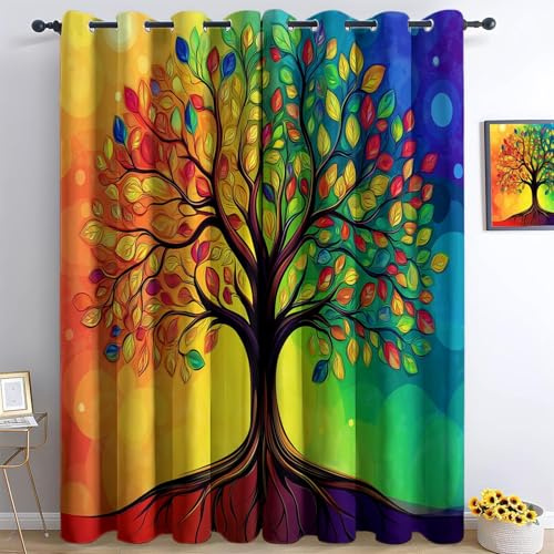 DSRDRFG Bunte Verdunkelungsvorhänge „Baum des Lebens“ für Schlafzimmer, 60 x 160 cm (B x H), Moderne abstrakte Pflanzenmotive, Vorhänge Blickdicht Gardinen mit Ösen für Wohnzimmer, 2er Set