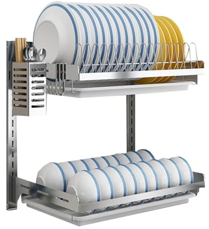 JTPMYFT Escurridor de platos de pared, escurridor de platos ajustable de tres niveles, con soporte for palillos y ganchos, adecuado for cocinas.(Stainless steel color,2 layers)