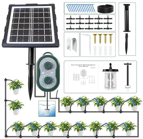 Sistema de riego solar para macetas, sistema de riego automático con carga USB, equipado con una manguera de 15 m y modos de riego personalizados, ideal para jardines, balcones e invernaderos