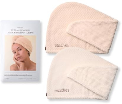 waschies Mikrofaser Haarhandtuch/Haarturban 2er Set Natural/Sand | Für alle Haartypen, mit praktischem Fixierknopf für schnelle Haartrocknung, sanft, leicht & saugfähig