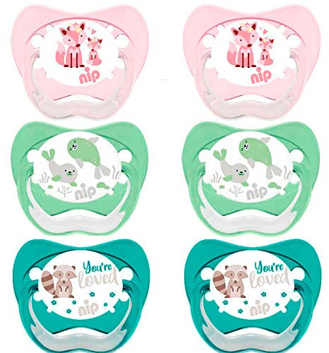 NIP Spar-Set NaturLatex Schnuller BUTTERFLY Größe 2 (5-18 Mo.) Latex 6er Pack Girls, Saugteil aus Latex BPA frei, made in Germany