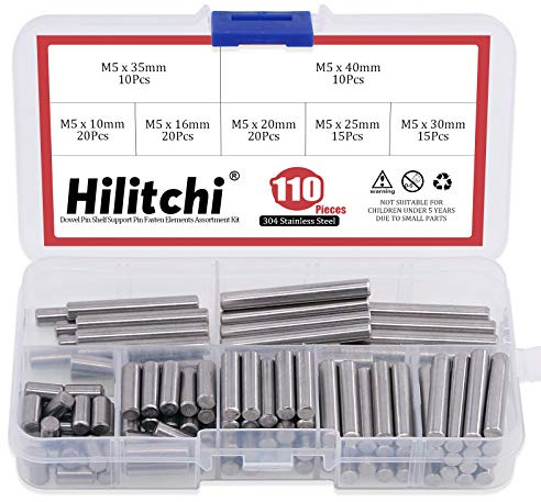 Hilitchi 110 Pieces Dowel Pin Stainless Steel Shelf Support Pin Fasten Elements Assortment Kit - Size Include 5mm x 10mm / 16mm / 20mm / 25mm / 30mm / 35mm / 40mm