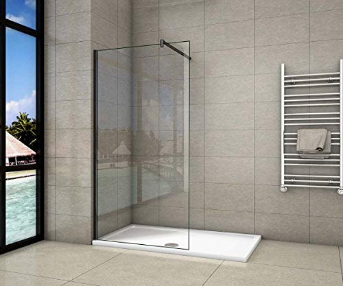 Parete Doccia Walk-In 80x200 cm con telaio nero opaco vetro temperato 8 mm easy clean con barra stabilizzatrice nero opaco Tagliabile: 90cm