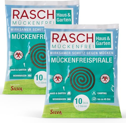 RASCH® Mückenfreispirale – 2 x 10 Stück [inkl. Halter + Ständer] – Mückenabwehr für den Außenbereich – Balkon, Garten & Camping - Mückenabwehr Outdoor Spirale Draußen - Räucherspiralen Set