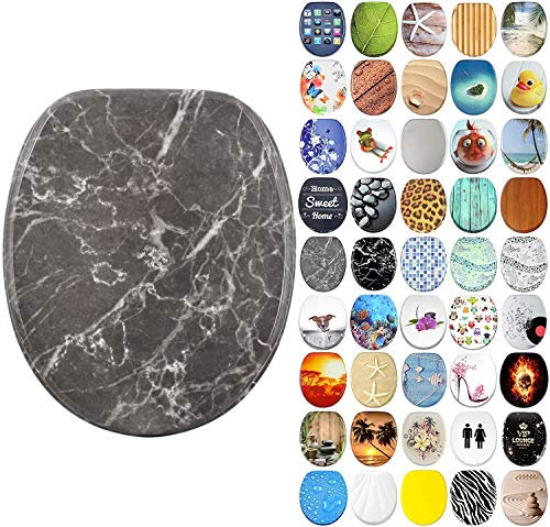 Soft Close Toilet Seat | Stable Hinges | Easy to Mount | Many Different Designs (Marble Grey)