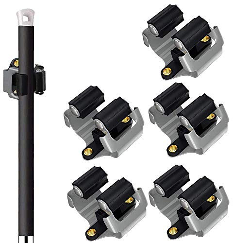 Xhtol Mop Broom Holder, 5 Pcs Mop Holder Wall Mounted Clip Hanger Broom Gripper Storage Rack Sweeping Brush Hook Organiser Tidy Tools for Closet Kitchen Garden Garage Bathroom