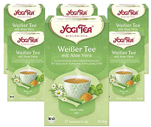 Yogi Tea - Weißer Tee mit Aloe Vera, Ayurvedischer Bio Gewürz- und Kräutertee, Mischung aus Basilikum, Kurkuma und Kamillenblüten, Yogi Tee 6er Pack, 6x17 Beutel (102 Teebeutel insgesamt)