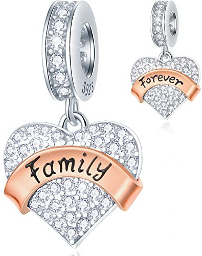 Family Forever Heart Pendant Charms in 925 Sterling Silver, Fits Pandora Mothers Day Necklace Bracelet, Sparkling CZ Dangle Beads with Rose Gold Ribbon, Gift for Dad/Daughter/Mum