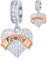 Family Forever Heart Pendant Charms in 925 Sterling Silver, Fits Pandora Mothers Day Necklace Bracelet, Sparkling CZ Dangle Beads with Rose Gold Ribbon, Gift for Dad/Daughter/Mum