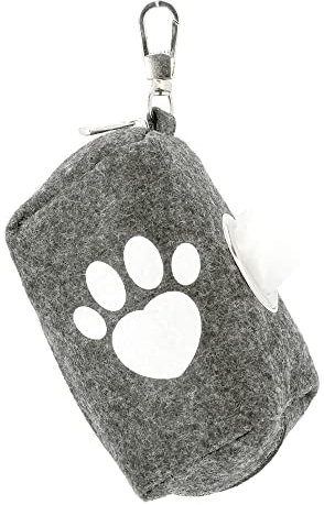 MIJOMA Kotbeutelspender Tasche aus Filz für Tierische Abfälle mit Reißverschluss und Karabinerhaken, 9x5cm, Hellgrau, Pfotenabdruck, 1 Stück
