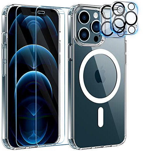 YisrLery 5-in-1 iPhone 12 Pro MAX Hülle für MagSafe mit 2 Stück Panzerfolie und 2 Stück Kameraschutz Militärnorm Schutz, PC Kratzresistente Rückseite Stoßfest TPU Bumper Magnetische Hülle 6.7'' - Klar