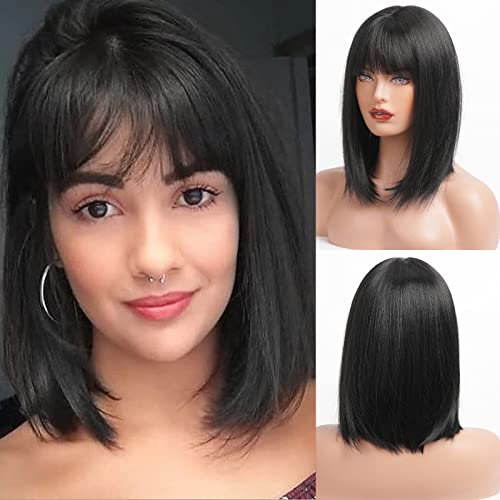 HAIRCUBE Schwarz Bob Perücken für Damen, Schulterlänge Synthetisches Haar Perücke mit Pony