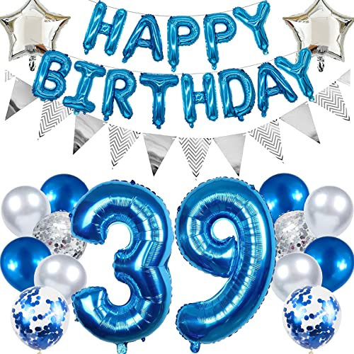 Ouceanwin Geburtstagsdeko 39 Jahre Männer, Blau Ballon 39. Geburtstag Mann, Luftballon Happy Birthday Deko Geburtstag 39 Jahre Mann Deko 39. Geburtstag Party Dekoration set