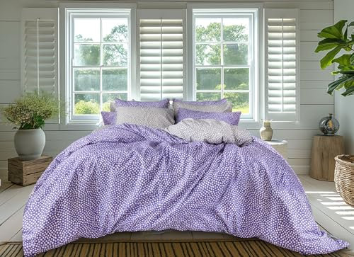 LERUUM Parure de Lit Violet Gris 140x200 Coton à Pois Imprimé Réversible Housse de Couette Ado Fille 1 Personne avec 1 Taie d'oreille