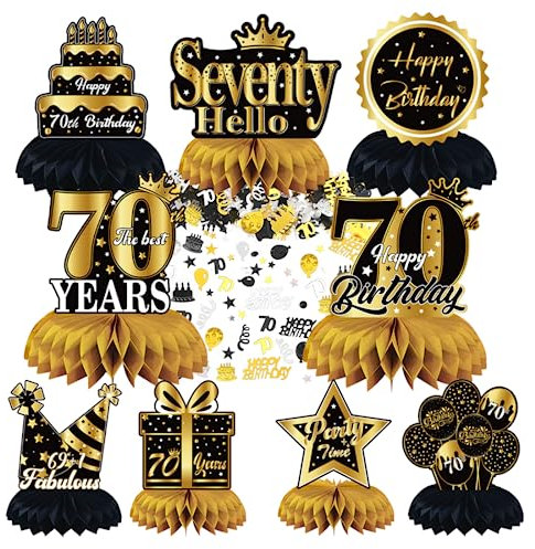 Aurasky 70. Geburtstag Tischdeko Schwarz Gold, 9 Stück Bienenwaben Deko Tischaufsätze Set mit 10g Happy Birthday Konfetti Tischdekoration für Deko 70. Geburtstag 70. jährige