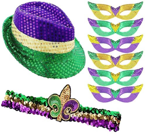 Tomicy 1 Satz Mardi Gras Tag Kostüm Set Mardi Gras Festival Hut Fliege Gesichtsmaske Paillettenanzug Karneval Thema Dekoration Kit Karneval Verkleiden Mardi Gras Foto Booth Requisiten Dekorationen