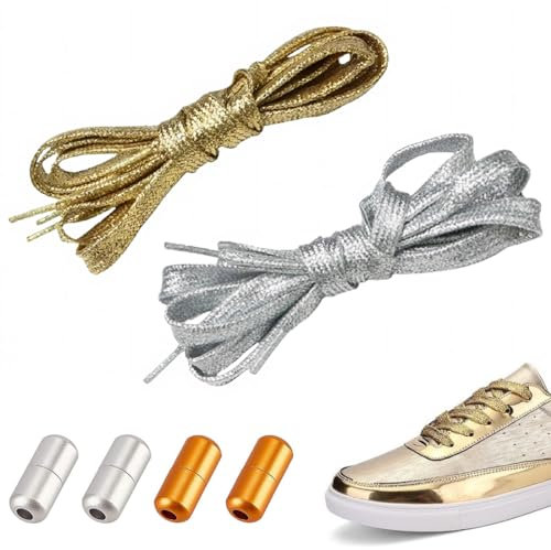 KGDUYC Cordones de Zapatos,Cordones para Zapatos Deportivos con Cordones Planos para Hombres y Mujeres de Seda con Brillo metálico Plateado Brillante Dorado (2 Pares)