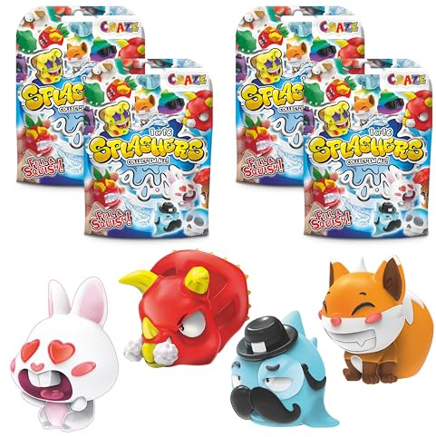 CRAZE SPLASHERS 4er Pack Wasserspritztiere für Kinder, Badetiere 16 Verschiedene Spritztiere zu Sammeln - 4 Stück Badewannenspielzeug