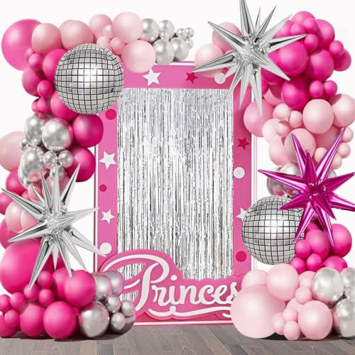 Hot Pink Silber Ballon Bogen Kit, Silber Disco Ball Folie Vorhänge und Explosion Star Folie Ballon für Mädchen 15/16/30th Geburtstag Prinzessin 2024 Graduation Dekorationen