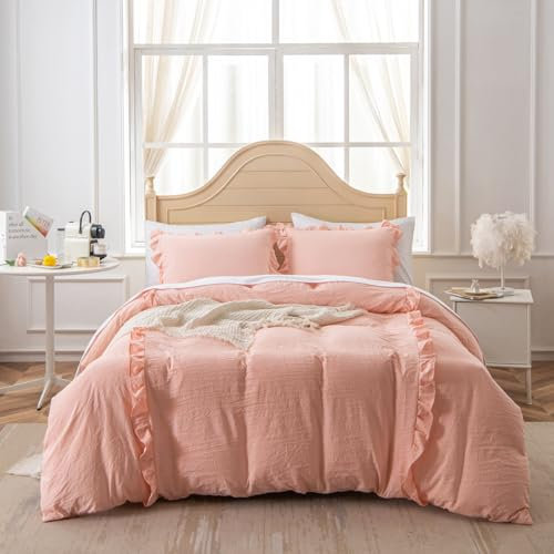 Menkala Bettwäsche 135x200 Rosa Uni mit Rüschen Romantisch Aesthetic Rüschenbettwäsche Set Pink Einfarbig Bettbezug Gewaschene Microfaser Deckenbezug und Kissenbezug 80x80cm mit Reißverschluss