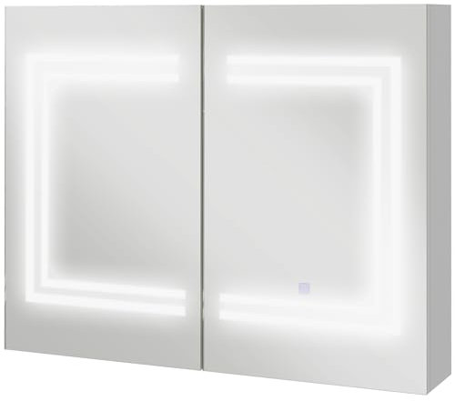 kleankin Armario de Baño con Espejo con Luz LED Camerino de Baño con Color de Luz Ajustable y 2 Puertas Estantes Ajustables Interruptor Táctil y 80x15x65 cm Blanco Brillante