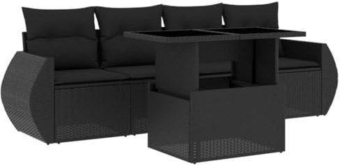 vidaXL Garten Sofa Garnitur 5-TLG., Gartenmöbel Set mit Kissen Modular, Lounge Sitzgruppe für Garten Terrasse, Gartentisch Verstellbare Tischplatte, Schwarz Poly Rattan