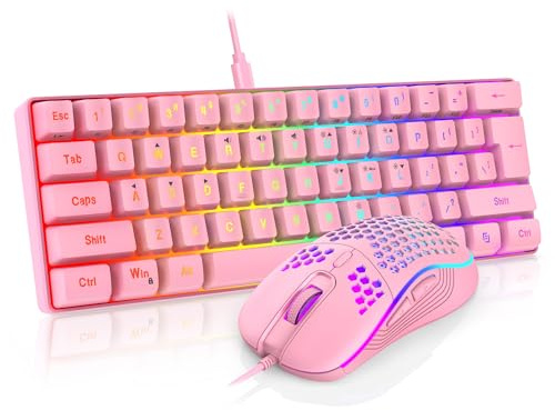 RedThunder 60% Gaming Keyboard and Mouse Combo, Ultra-Compact 61 Keys RGB Backlit Mini Keyboard, Lightweight 7200 DPI Honeycomb Optical Mouse, RGB Wired Gaming Set for PC MAC PS5 Xbox Gamer(Pink)