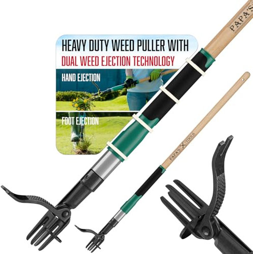 MELISSA AND HARRY Papa's Tools Weed Puller Tool, 44 Stand Up Weeder Garden Tools & 4 Claw Steel Head, Dual Weed Eject Tech. Made With Real Bamboo & Long Wooden Handle, Yard Weeding Remover