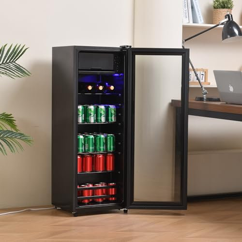 Merax Kühlschrank 128L reistehender Getränkekühler,8L-Gefrierschrank+120L-Kühlschrank,fasst 94 Dosen Limonade,Geräuscharmer Betrieb,Kompressorkühlsystem, energieeffizient,verstellbare Einlegeböden