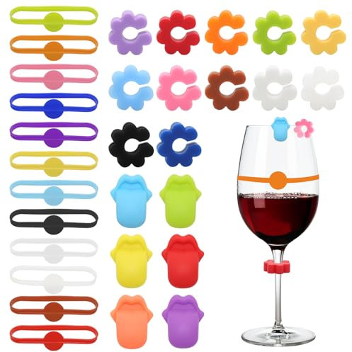MAIXINNEW Lot de 30 Marqueur de Verre à Boire en Silicone, Marqueur de Boisson pour Verre Multicolores, Marqueurs de Verre Réutilisables à Boire pour Fête, Camping, Mariage
