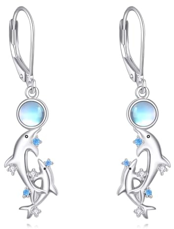 KZX Delfin Ohrringe Sterling Silber Mondstein Delfin hängende Ohrringe Ozean Ohrringe Delfin Schmuck für Ozean Meerestier Liebhaber für Frauen Beste Freundin