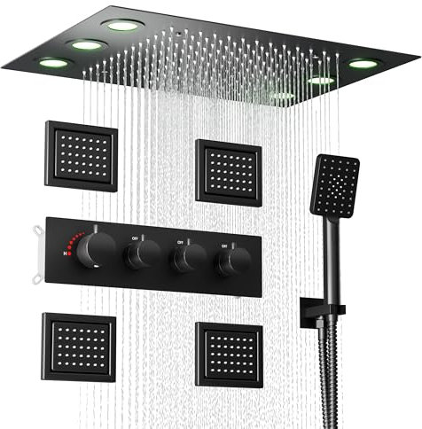 Colonne De Douche,Multifonctionnel Colonne De Douche Thermostatique Noir,Colonne Douche Encastrable,Avec Douche De Tête,Douchette À Main,Lumières LED Colorées,Jet Latéral De 4 Pouces Ensemble Douche
