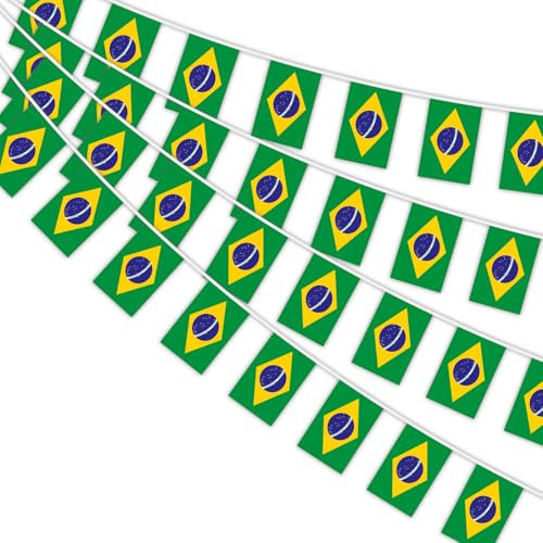 AhfuLife Banderines de bandera de Brasil para decoración de fiestas, 10 m, 30 banderas brasileñas, banderas de doble cara para el Día Nacional, Copa Mundial, fútbol, jardín, decoración de calle (14 x