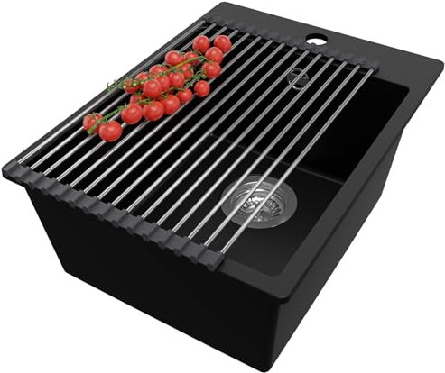 PRIMAGRAN Evier Cuisine en Granit Noir 38x50cm, Lavabo 1 bac + Kit de Vidage + Égouttoir Enroulable, Évier à Encastrer au meuble 40cm - Riga
