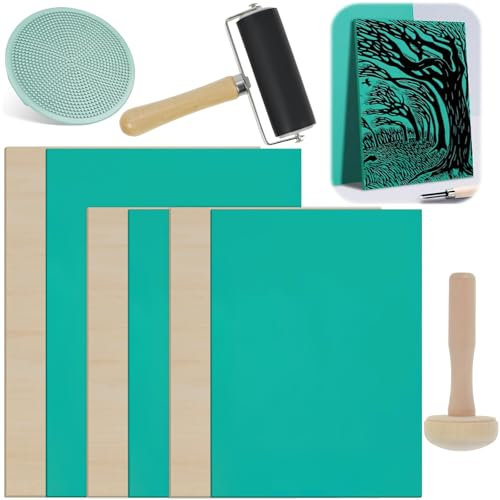 Hlimior 9 Stück Linolschnitt Set, Lino-Schneid und Druckset, Linolschnitt Werkzeug mit 3 Holz-Linolschnittplatten 3 Stempelblock 1 Walze 1 Pilzwalze 1 Brayer für Stempelschnitzerei Druckgrafik