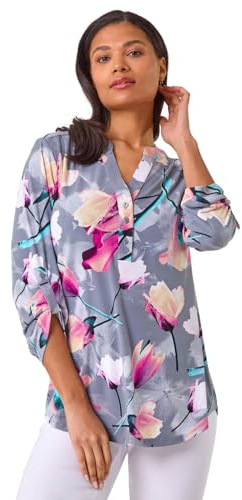 Roman Shirt for Women UK Ladies Top Collarless Blouse Stretchy Tunic Smart Casual Autumn Winter Jersey 3/4 Length Sleeve Notch V Neck Flattering Office Work - Pink Floral - Size 12