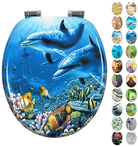 Fanmitrk Abattant de WC avec système d'abaissement automatique - Stable et ne bouge pas - Noyau en bois MDF - Montage facile - Nombreux beaux motifs (animaux marins)
