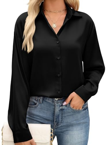 CMTOP Bluse Damen Satin Bluse V-Ausschnitt Hemden Langarmshirt Elegant Button Down Business Oberteile Longbluse Satinblusen Lässig Knöpfen Locker Tuniken